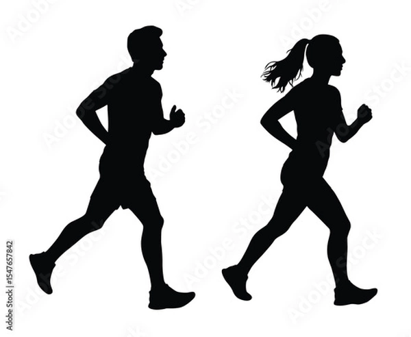 Obraz Running man and woman, silhouettes of people running pose, Marathon