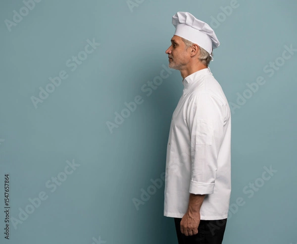 Fototapeta Profile side view half face portrait of handsome chef cook in beret and white outfit isolated on blue background