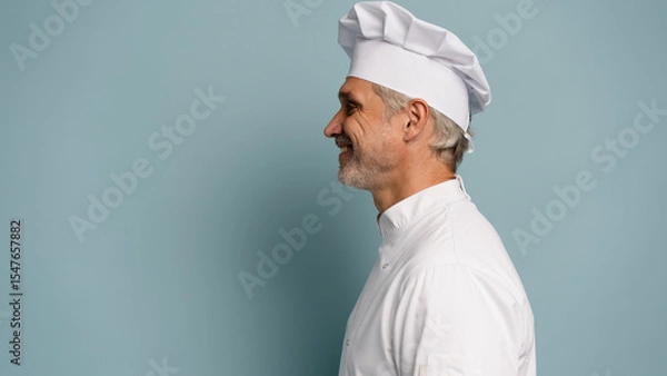 Fototapeta Profile side view half face portrait of handsome chef cook in beret and white outfit isolated on blue background