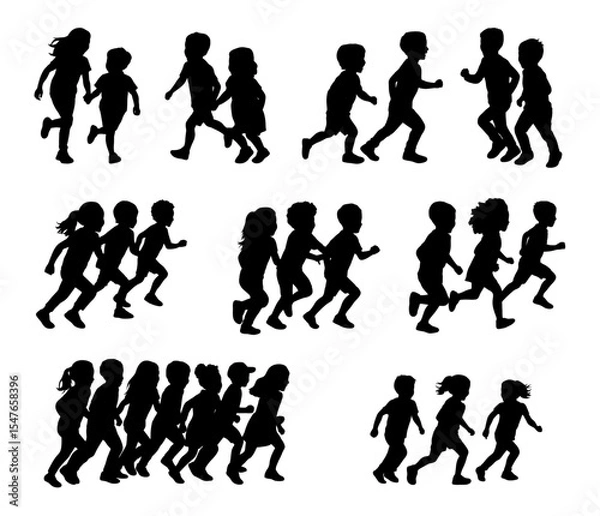 Obraz Running kids silhouettes vector, children playing and activity, children in silhouette running 