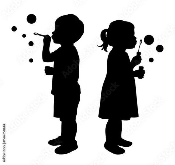Obraz Kids blowing soap bubbles, child blows soup foam and make bubbles, little boy and girl blowing to make many bubbles