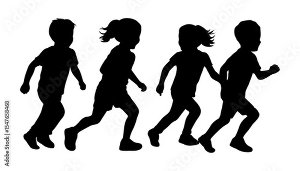 Obraz Kids running silhouettes, children in silhouette running side by side, children playing and activity