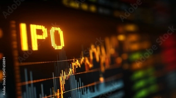 Fototapeta Close-up of golden stock market ticker displaying IPO with financial charts, symbolizing investment opportunities and capital market growth. Financial business and trading concept.