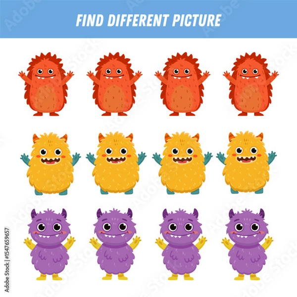 Fototapeta Find different monster each row. Logical game for kids. Cartoon monster. Flat illustration. Vector
