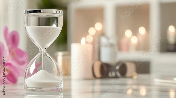 Obraz A luxurious, crystal-clear hourglass with sand flowing smoothly from the top bulb to the bottom