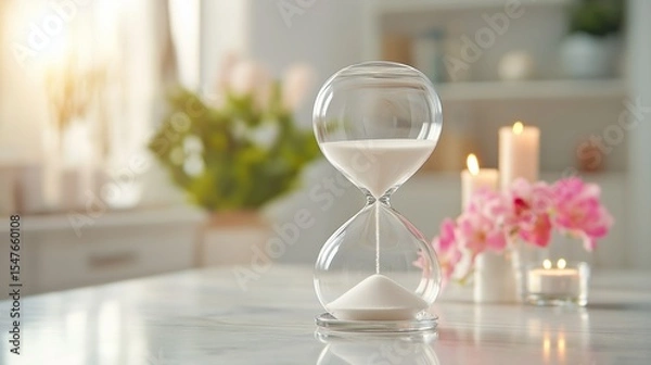 Obraz A luxurious, crystal-clear hourglass with sand flowing smoothly from the top bulb to the bottom