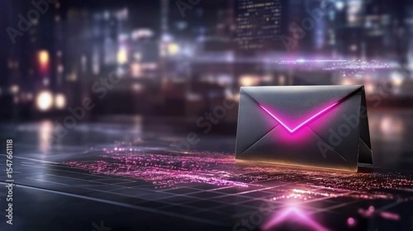 Obraz A large, futuristic envelope with a neon email symbol glowing on its front, sitting atop a grid-like digital floor