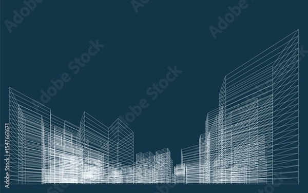 Fototapeta 3D wireframe perspective of building. Abstract wireframe city background for template design. Vector illustration.