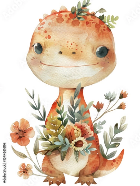 Fototapeta A cute, cartoon dinosaur with orange and cream scales stands among colorful flowers and green leaves. The background is transparent PNG, emphasizing the character.