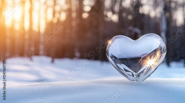 Obraz A crystal heart, sparkling in the light, resting on a snowy surface, with a serene winter forest and falling snowflakes