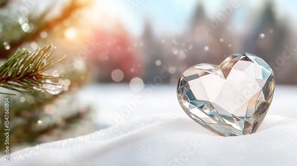 Fototapeta A crystal heart, sparkling in the light, resting on a snowy surface, with a serene winter forest and falling snowflakes