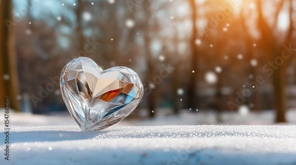 Fototapeta A crystal heart, sparkling in the light, resting on a snowy surface, with a serene winter forest and falling snowflakes