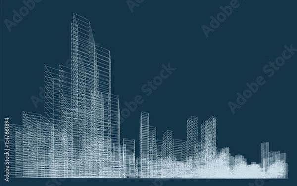 Fototapeta 3D wireframe perspective of building. Abstract wireframe city background for template design. Vector illustration.