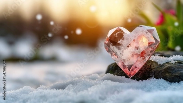 Fototapeta A crystal heart, sparkling in the light, resting on a snowy surface, with a serene winter forest and falling snowflakes