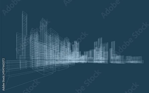 Fototapeta 3D wireframe perspective of building. Abstract wireframe city background for template design. Vector illustration.