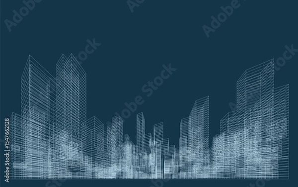 Fototapeta 3D wireframe perspective of building. Abstract wireframe city background for template design. Vector illustration.