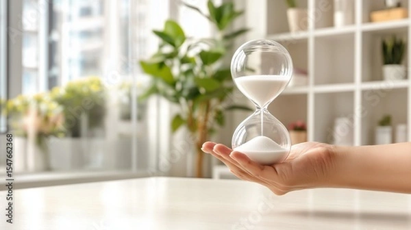 Obraz A hand delicately holding a sleek, modern hourglass with translucent glass, while the sand pours