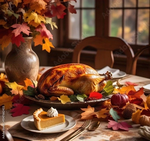 Fototapeta A thanksgiving table setting with turkey pie and autumn leaves in a warm and inviting atmosphere