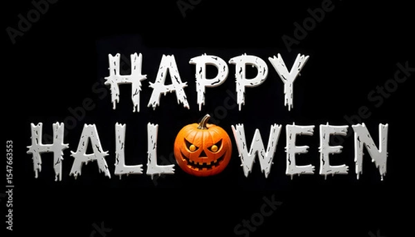 Obraz "Happy Halloween" written in white font on a black background, with the letter "O" replaced by a scary pumpkin for a spooky, bold look.