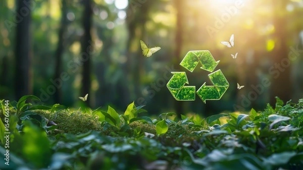 Obraz A glowing green recycling symbol, made of sleek metallic arrows, floating in the air above a lush forest
