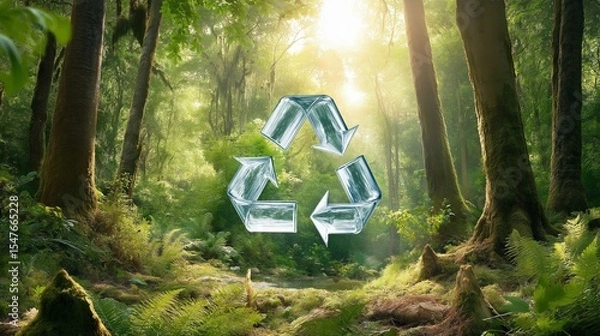 Obraz A glowing green recycling symbol, made of sleek metallic arrows, floating in the air above a lush forest