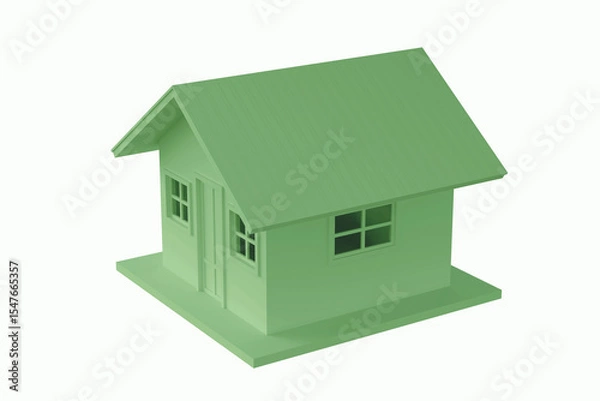 Obraz 3D green house model on white background with clipping path. Concept of real estate, home ownership, and housing market. Simple 3d house rendering.