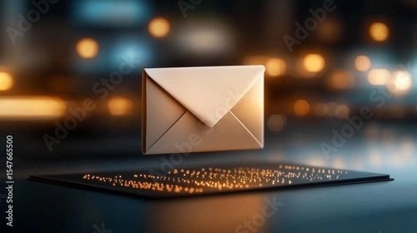 Fototapeta A glowing email symbol floating above a sleek white envelope
