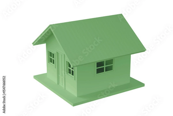 Obraz 3D green house model on white background with clipping path. Concept of real estate, home ownership, and housing market. Simple 3d house rendering.