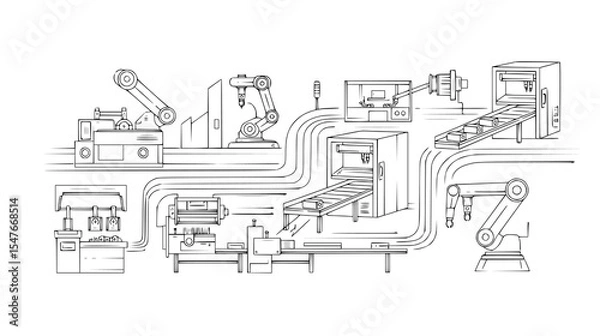 Fototapeta Intricate line art showcasing an automated industrial system featuring robotic arms, conveyors, and machinery, emphasizing modern manufacturing processes