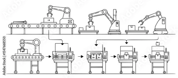 Fototapeta Illustration of Automated Production Line: Robotic Arms and Conveyor Systems Optimizing Workflow in Modern Manufacturing Processes