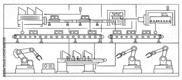 Fototapeta Automated Manufacturing Line: A Detailed Illustration of Industrial Robotics and Assembly Processes for Modern Production