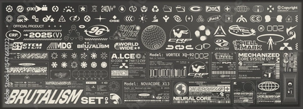 Fototapeta Brutalism graphic pack. Fake logos, icons, tech labels and monochrome stickers in futuristic Y2K style. Cyberpunk visual elements for UI, posters, apparel and design projects. Vector set