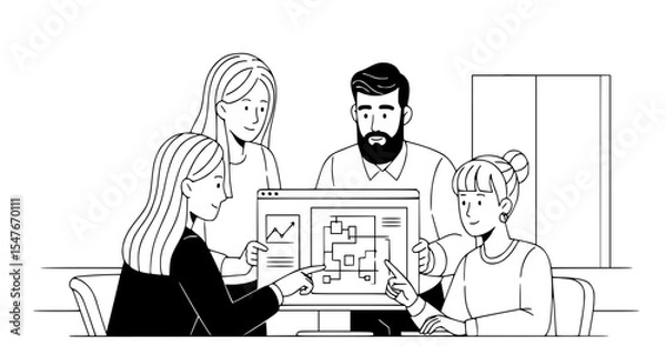 Fototapeta Collaborative Team Meeting: Diverse Professionals Analyzing Data Flowcharts and Engaging in Creative Discussion to Drive Innovative Solutions