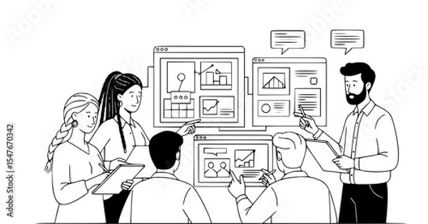 Fototapeta Diverse business team collaborates on data analysis project using computer screens.