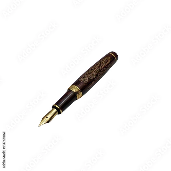 Fototapeta A close up shot of a brown and gold fountain pen with intricate designs on a black background studio shot