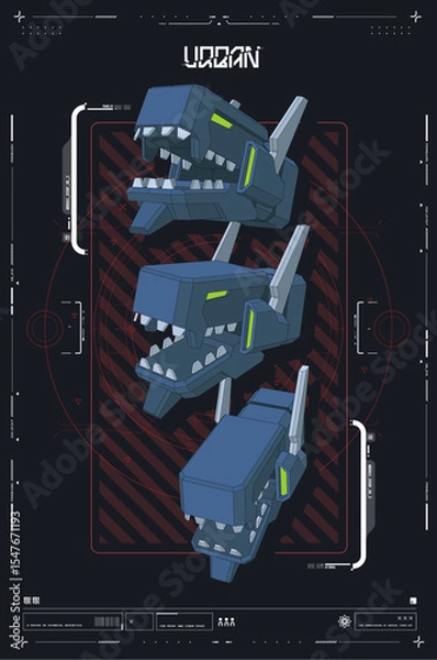 Fototapeta Futuristic Robot Head Design with Blueprint and Technical Overview