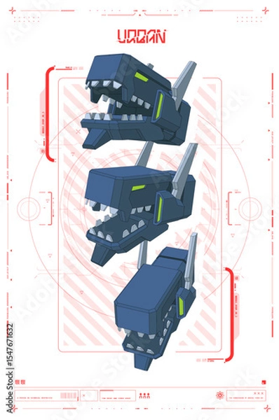 Fototapeta Futuristic Robot Head Design with Blueprint and Technical Overview