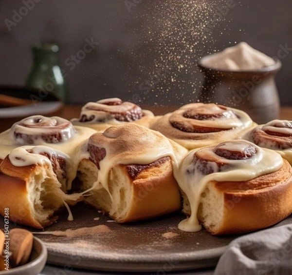 Fototapeta A close up of cinnamon rolls with icing on a plate and sugar being sprinkled on top of the rolls
