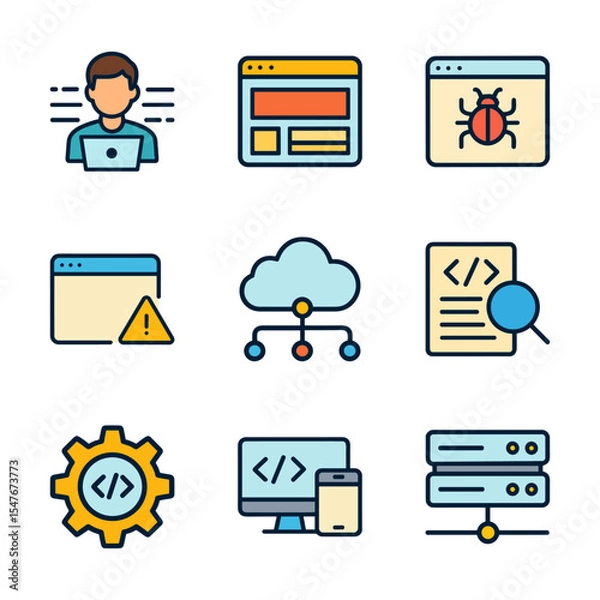 Fototapeta Tech icons showcase software development concepts. Icon symbol illustration