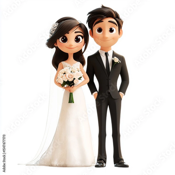 Fototapeta bride and groom on wedding day standing against white background made with generative AI