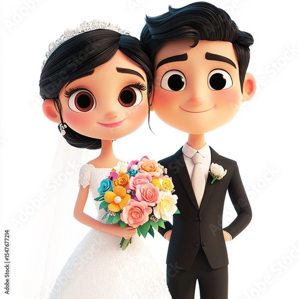 Fototapeta bride and groom on wedding day standing against white background made with generative AI