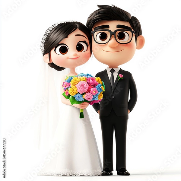 Fototapeta bride and groom on wedding day standing against white background made with generative AI