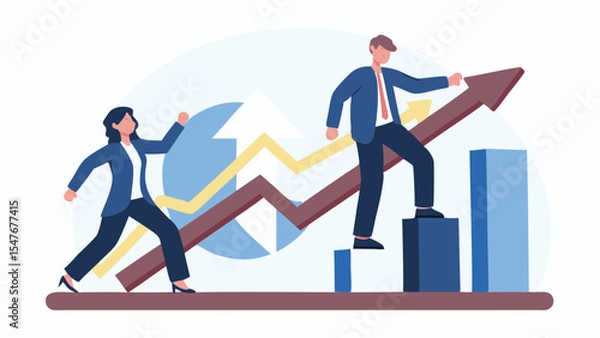 Fototapeta Business professionals climbing graph and bar charts depicting growth and success in a company setting