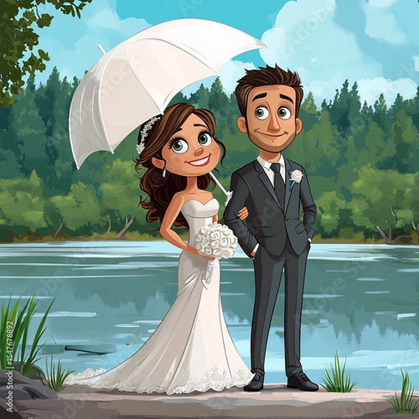Fototapeta bride and groom on the beach taking photos  Made with generative AI