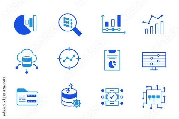 Fototapeta Data Analytics solid flat Icons set. Database, statistics, server, network, big data, data processing, data mining, monitoring, computing icons. Editable vector illustration