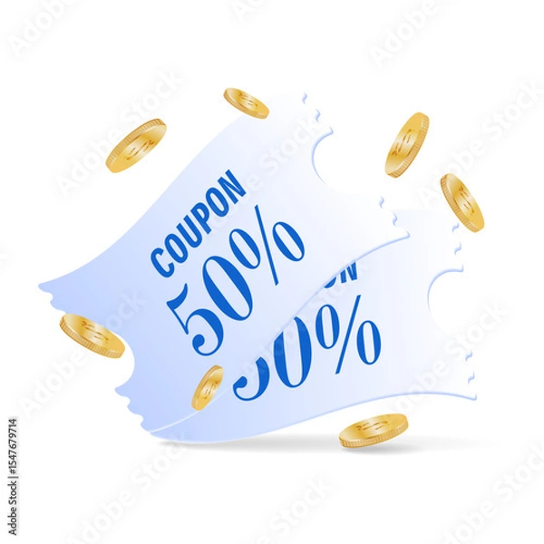 Obraz A 50% discount voucher and flying coins. A gift code or a bonus in the store. A special offer. Issuing purchase certificates. Advantages when making purchases. Store promotion. Vector concept