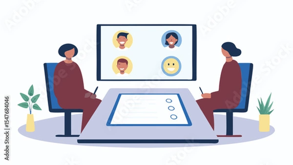 Fototapeta Two people in a meeting room with a screen showing four faces in a video conference call setup online