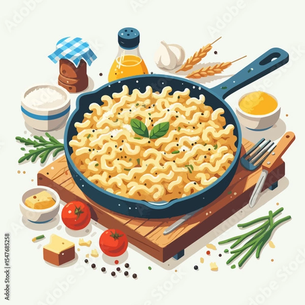 Fototapeta A vibrant isometric illustration of a pasta skillet surrounded by fresh cooking ingredients like tomatoes, garlic, and herbs.