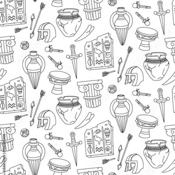 Fototapeta Doodle pattern museum artifacts. Jug, drum, arrows, helmet, slab with Egyptian hieroglyphs. Suitable for designing websites, prints, books, children's and educational materials on history and culture