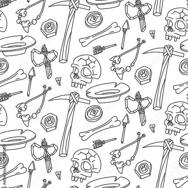 Fototapeta Doodle pattern museum artifacts. Human bones, dishes, pickaxe, jewelry, coins, arrows. Suitable for designing websites, prints, books, children's and educational materials on history and culture